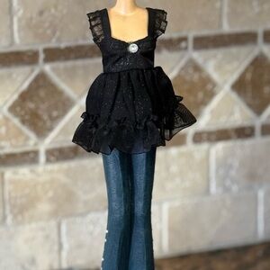 Retro Black Ruffled Top with Blue Jeans jewelry/necklace holder